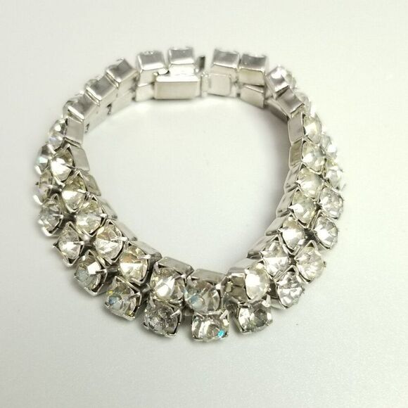 Vintage Rhinestone Two Row Bangle Bracelet, Silver Tone Prong Set, Retro Estate - Picture 6 of 6